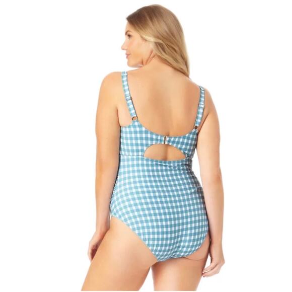 Anne Cole Gingham Blue White Shirred One Piece Swim 18W NWT - Picture 2 of 4